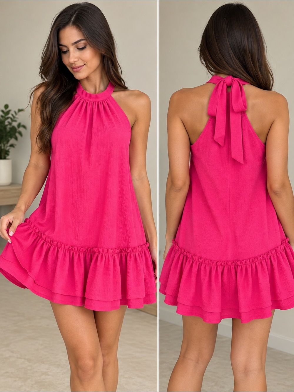 SHEIN Bright Pink Halter Ruffle Mini Dress Sz M/L